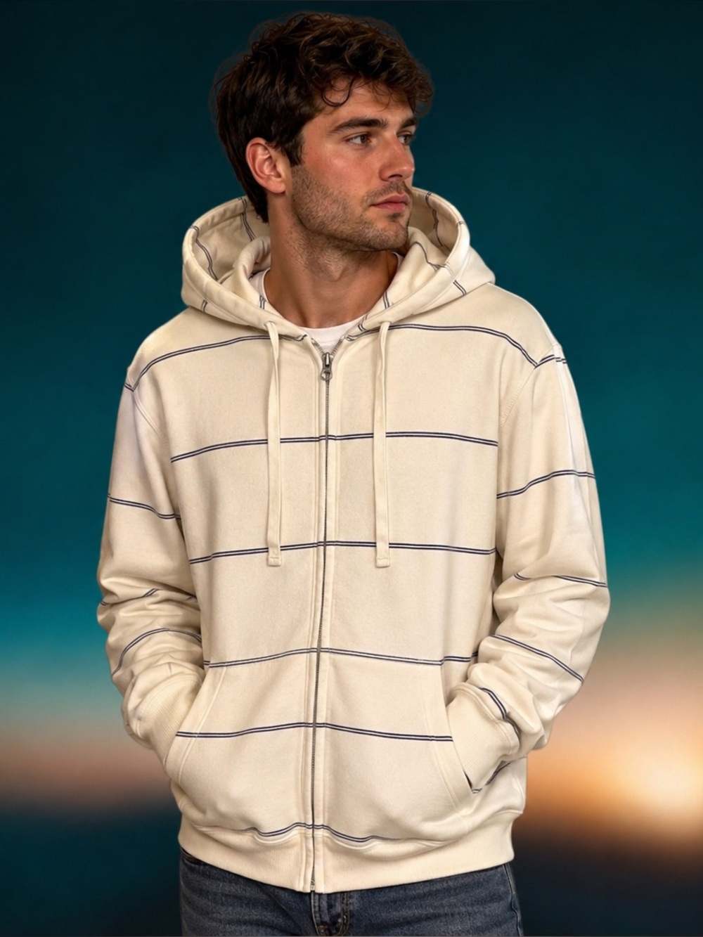 Nautica Jeans Co. Unisex white zip up hoodie with blue stripes sz L